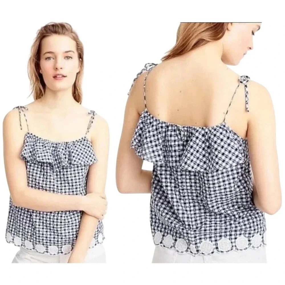 J. Crew Womens Blue Gingham Eyelet Scalloped Hem Tie Strap Ruffle Top G6577 Sz 2